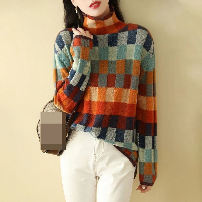 Arvion Checkered Knit Mock Neck Sweater