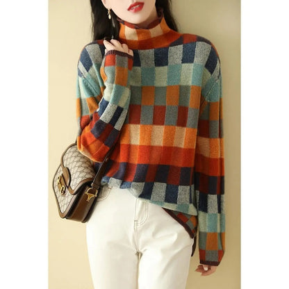 Arvion Checkered Knit Mock Neck Sweater