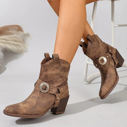 Auvina Western Buckle Distressed Ankle Boots