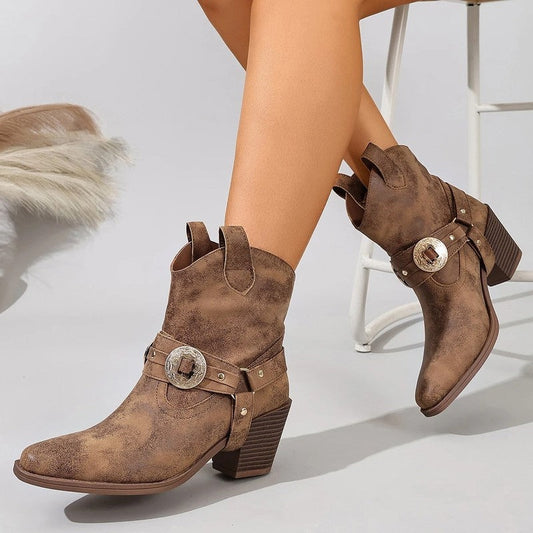 Auvina Western Buckle Distressed Ankle Boots