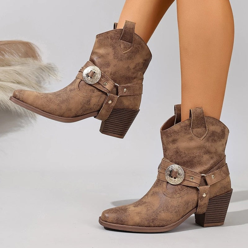 Auvina Western Buckle Distressed Ankle Boots