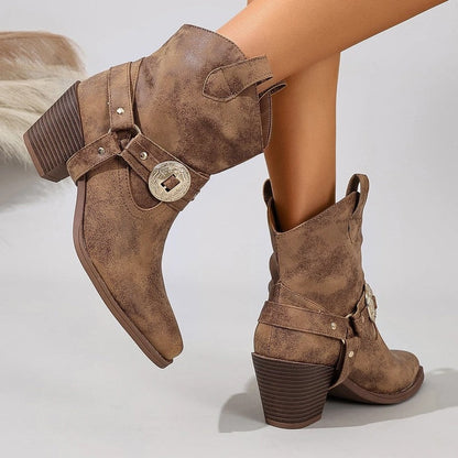 Auvina Western Buckle Distressed Ankle Boots