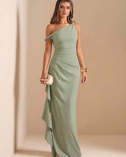 Aviera Draped Ruffle One-Shoulder Gown