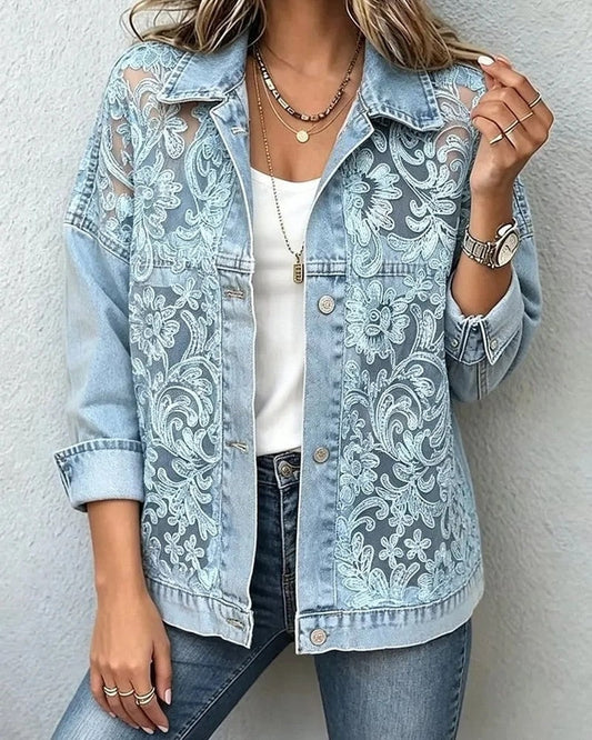 Elisava Embroidered Sheer Panel Denim Jacket