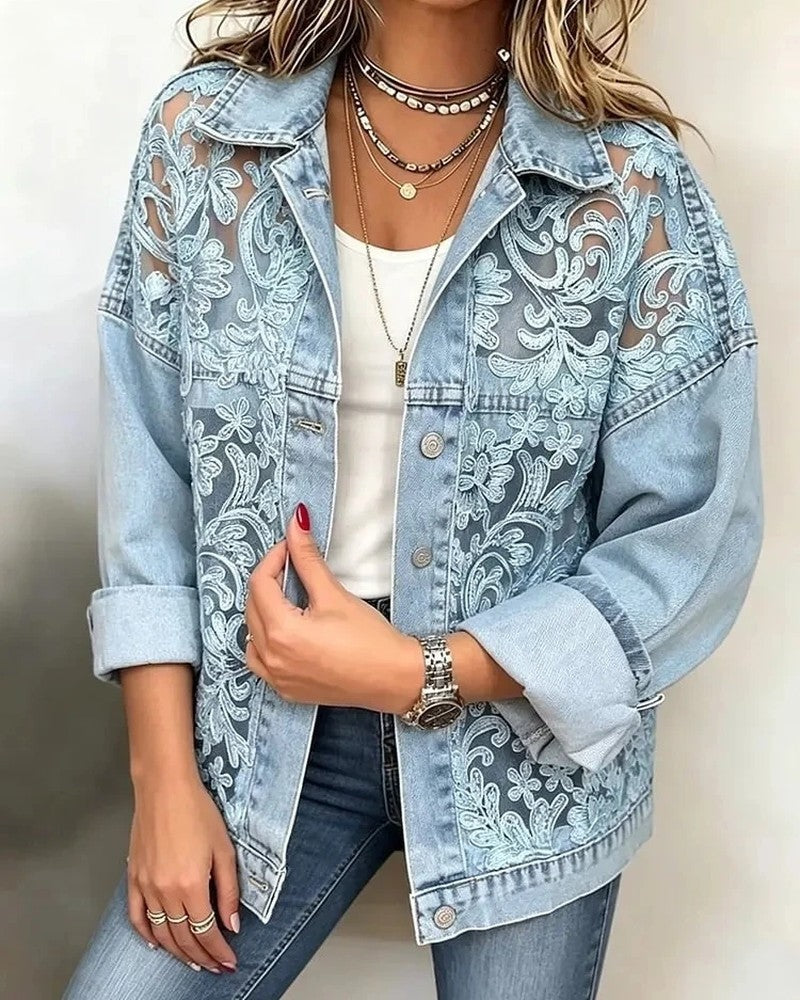 Elisava Embroidered Sheer Panel Denim Jacket