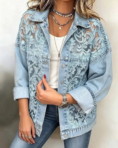 Elisava Embroidered Sheer Panel Denim Jacket