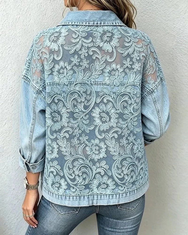 Elisava Embroidered Sheer Panel Denim Jacket