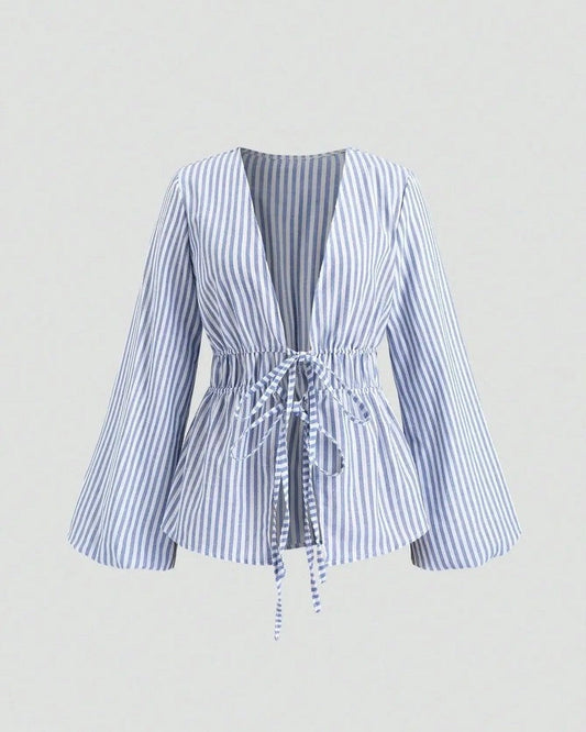 Lirenne Striped Tie-Front Relaxed Blouse