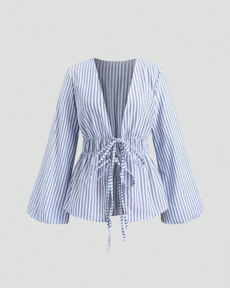 Lirenne Striped Tie-Front Relaxed Blouse