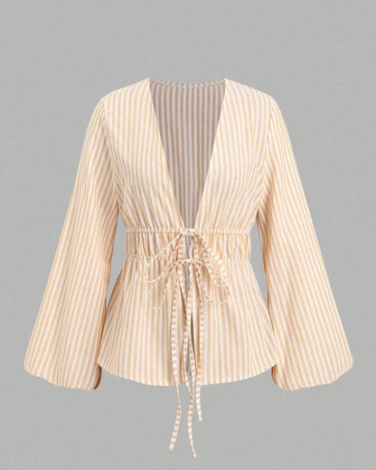 Lirenne Striped Tie-Front Relaxed Blouse