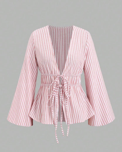 Lirenne Striped Tie-Front Relaxed Blouse