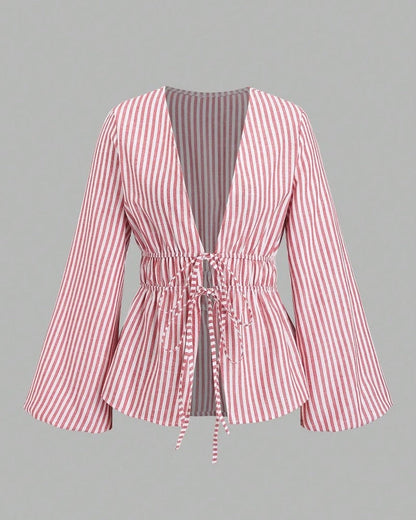 Lirenne Striped Tie-Front Relaxed Blouse