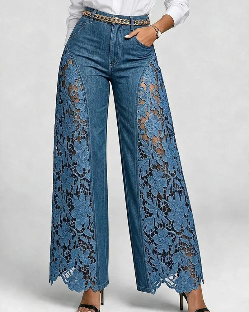 Lirone Floral Lace Panel Wide-Leg Jeans