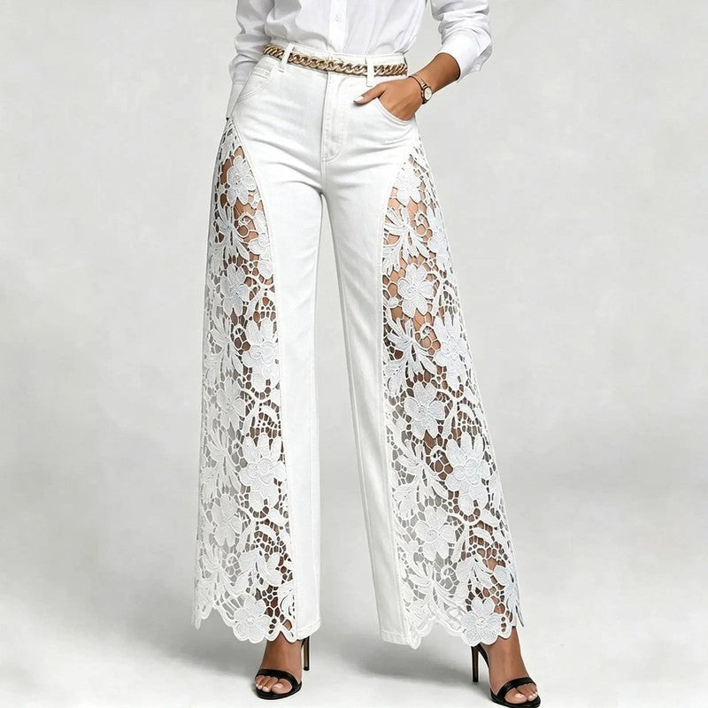 Lirone Floral Lace Panel Wide-Leg Jeans