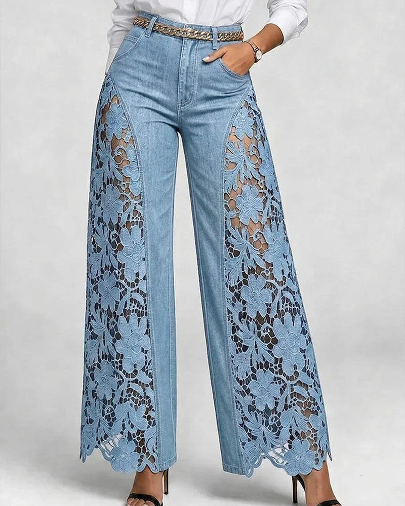 Lirone Floral Lace Panel Wide-Leg Jeans