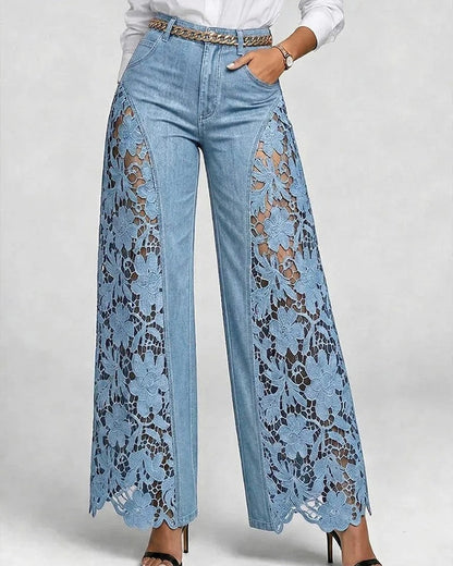 Lirone Floral Lace Panel Wide-Leg Jeans