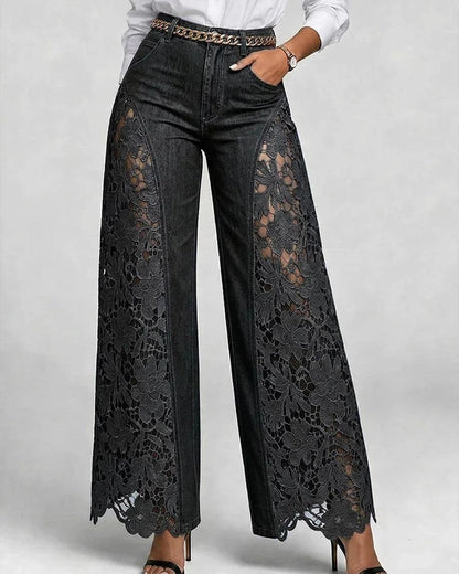 Lirone Floral Lace Panel Wide-Leg Jeans