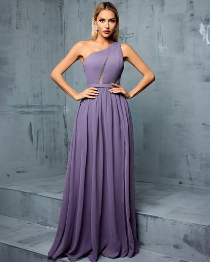 Lunari Pleated One-Shoulder Evening Gown