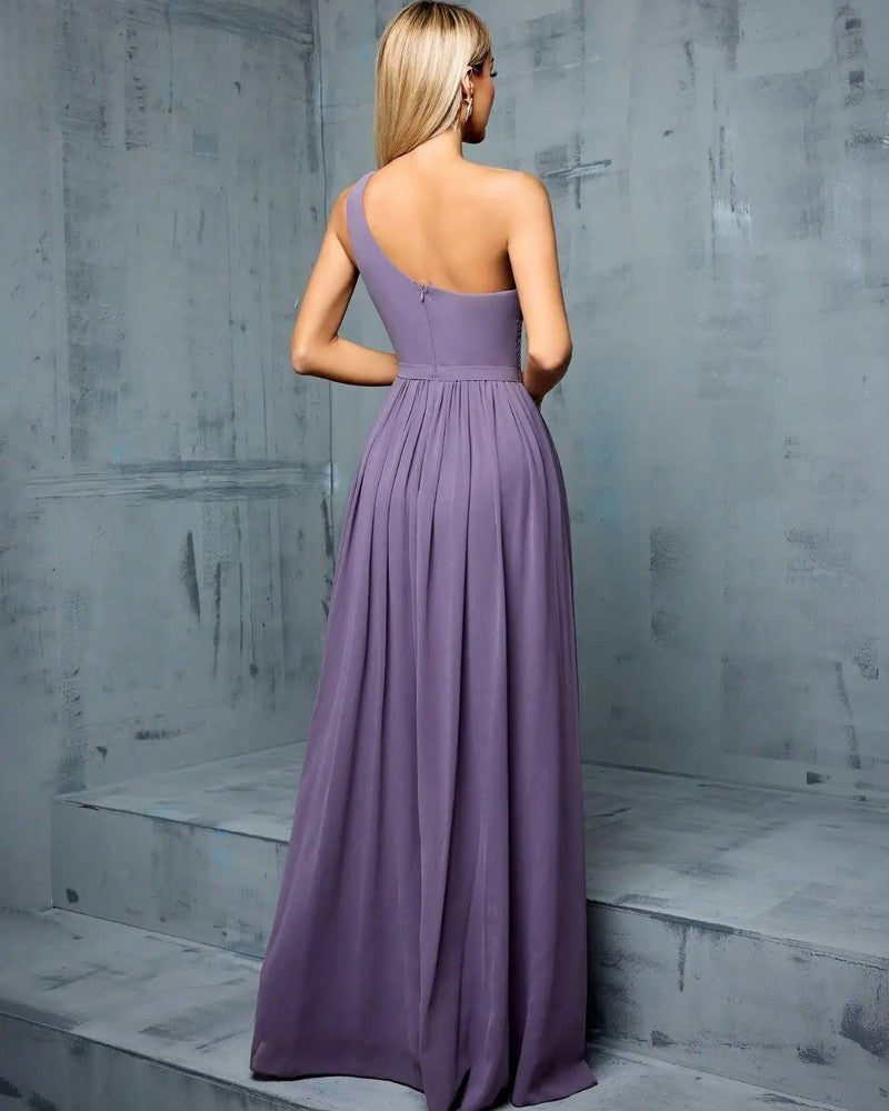 Lunari Pleated One-Shoulder Evening Gown
