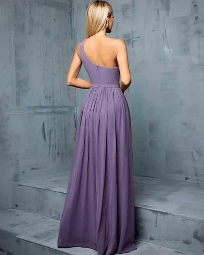 Lunari Pleated One-Shoulder Evening Gown