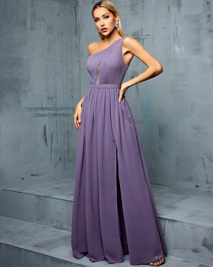 Lunari Pleated One-Shoulder Evening Gown