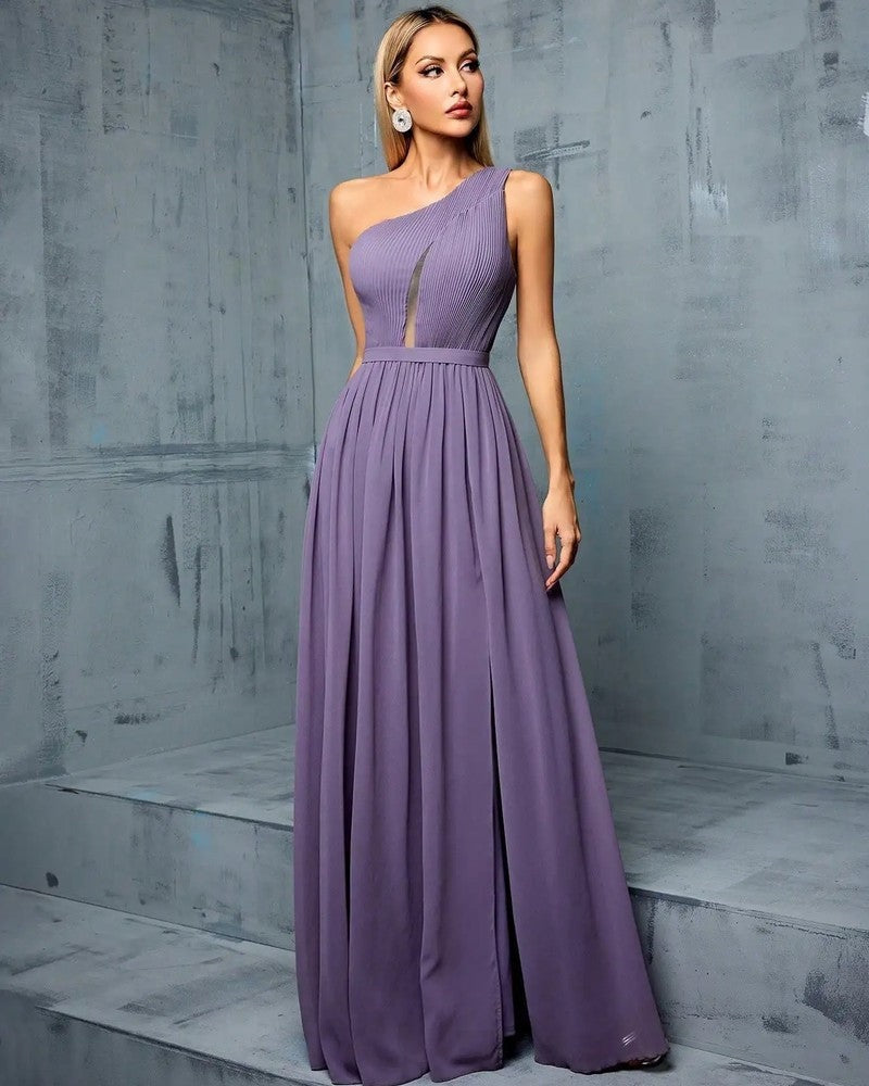 Lunari Pleated One-Shoulder Evening Gown