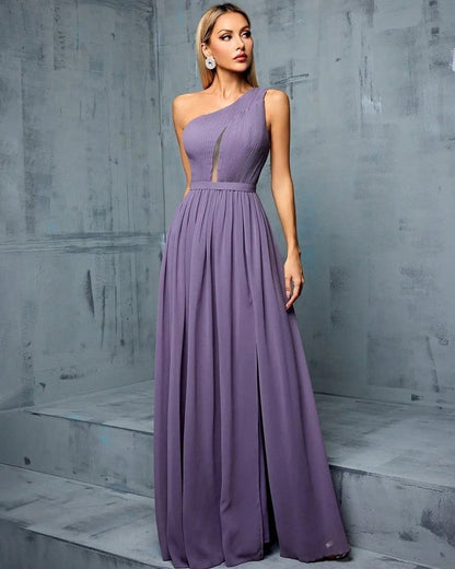 Lunari Pleated One-Shoulder Evening Gown