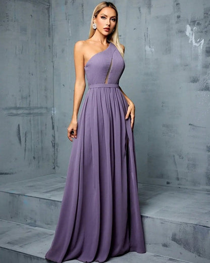 Lunari Pleated One-Shoulder Evening Gown