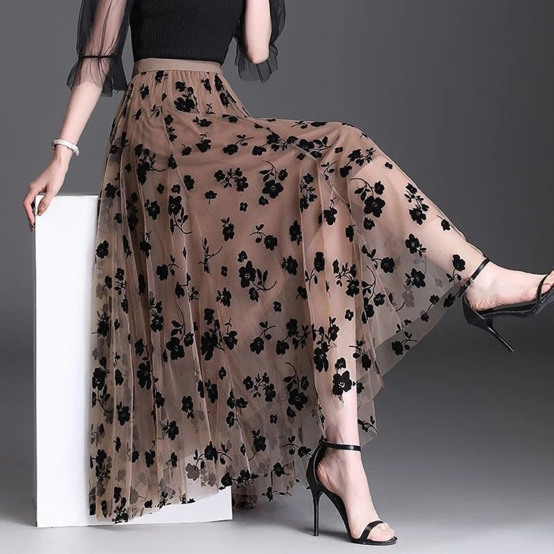 Lunelle Sheer Floral Mesh Maxi Skirt
