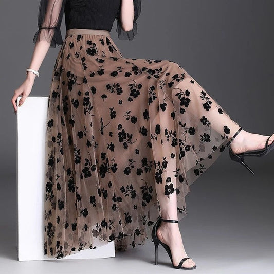 Lunelle Sheer Floral Mesh Maxi Skirt