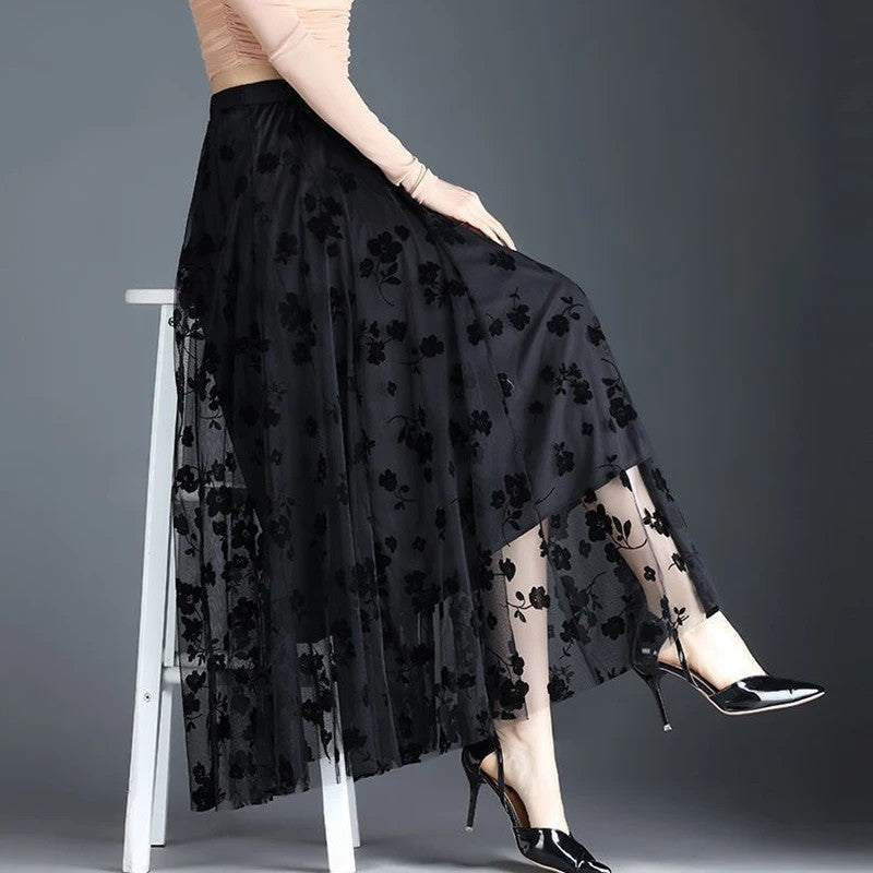 Lunelle Sheer Floral Mesh Maxi Skirt