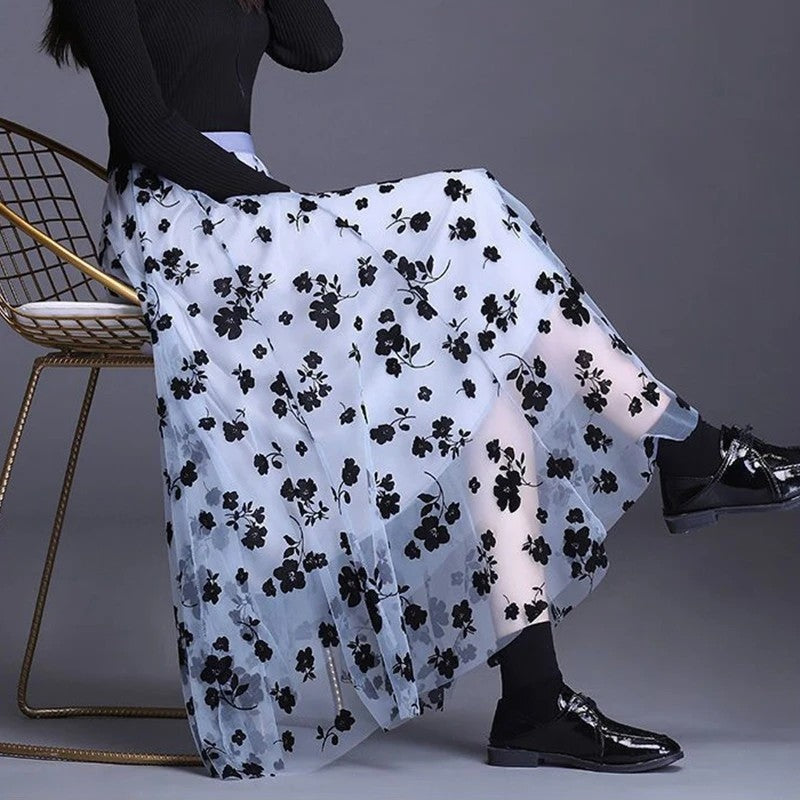 Lunelle Sheer Floral Mesh Maxi Skirt