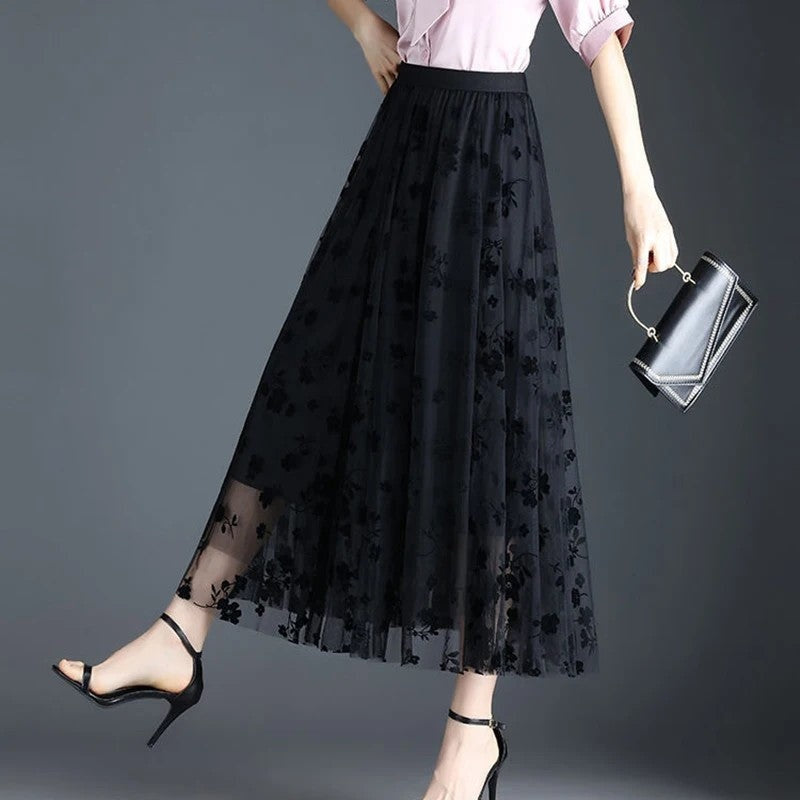 Lunelle Sheer Floral Mesh Maxi Skirt