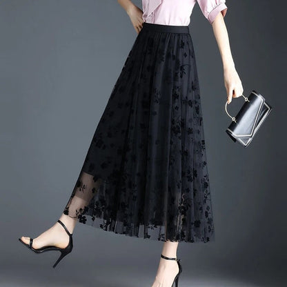 Lunelle Sheer Floral Mesh Maxi Skirt