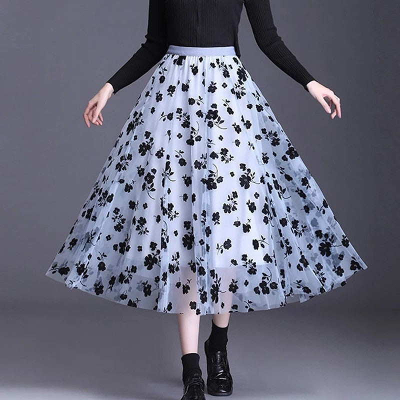 Lunelle Sheer Floral Mesh Maxi Skirt