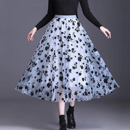 Lunelle Sheer Floral Mesh Maxi Skirt