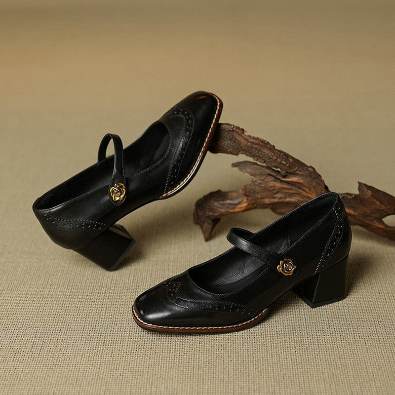 Marisse Brogue Strap Block Heel Pumps