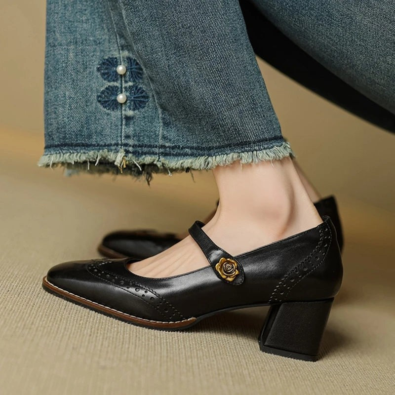 Marisse Brogue Strap Block Heel Pumps