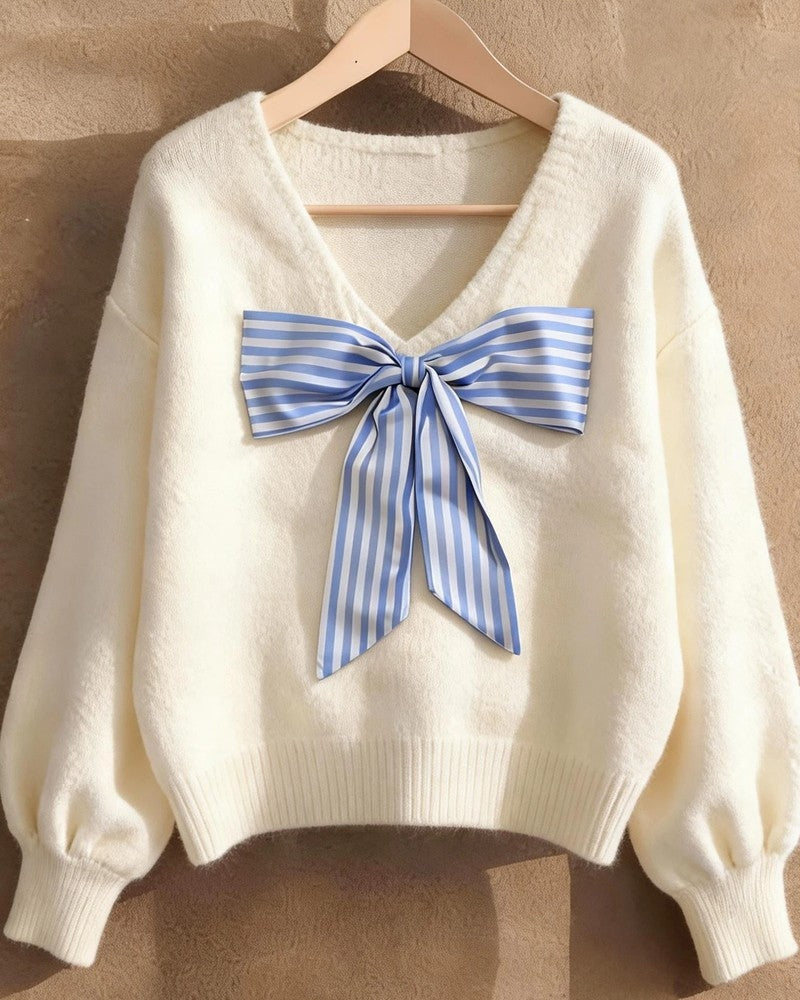 Mirella Striped Bow Back Knit Sweater