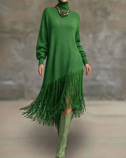 Orlina Asymmetric Fringe Knit Sweater Dress