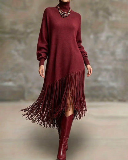 Orlina Asymmetric Fringe Knit Sweater Dress