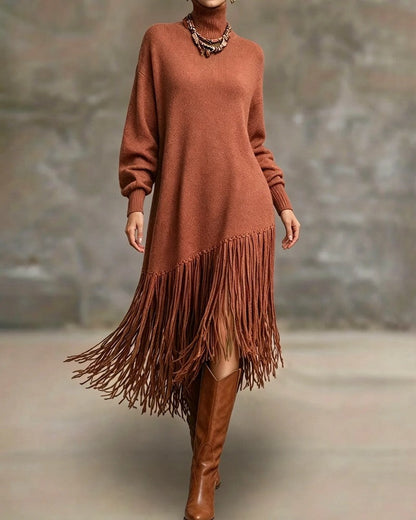 Orlina Asymmetric Fringe Knit Sweater Dress