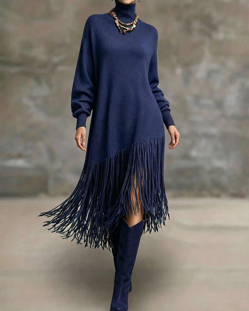 Orlina Asymmetric Fringe Knit Sweater Dress