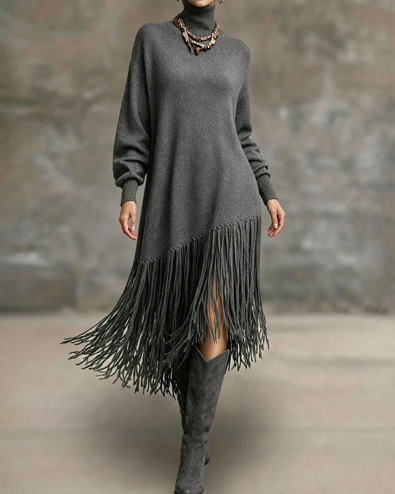 Orlina Asymmetric Fringe Knit Sweater Dress
