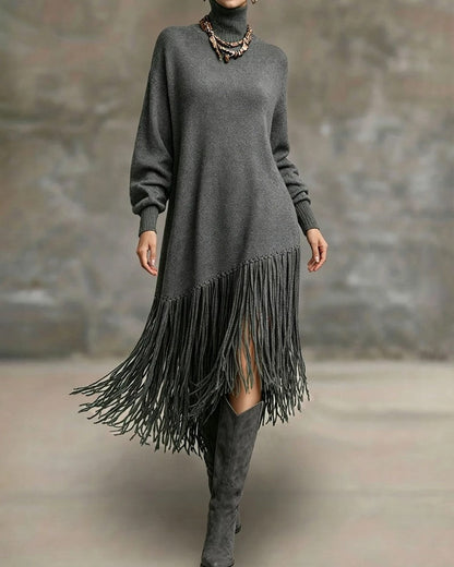 Orlina Asymmetric Fringe Knit Sweater Dress