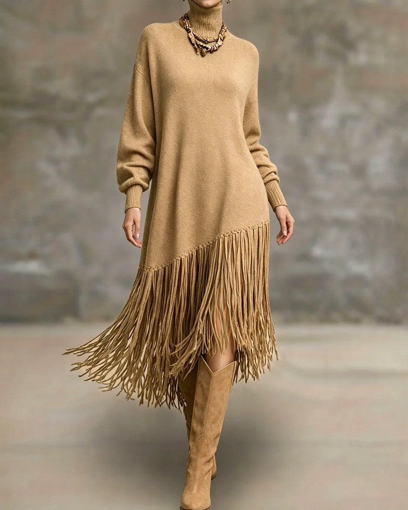 Orlina Asymmetric Fringe Knit Sweater Dress