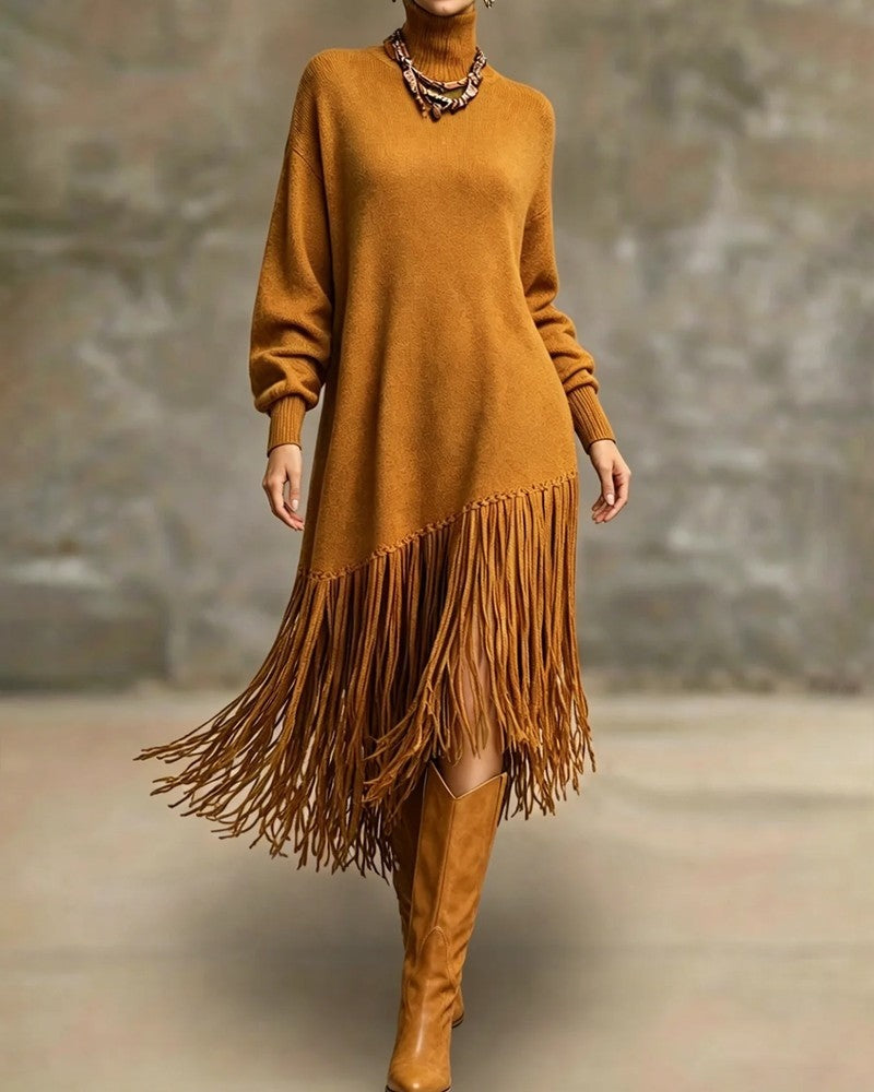 Orlina Asymmetric Fringe Knit Sweater Dress