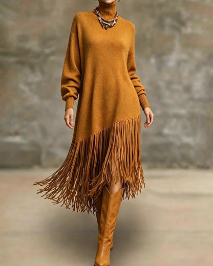 Orlina Asymmetric Fringe Knit Sweater Dress