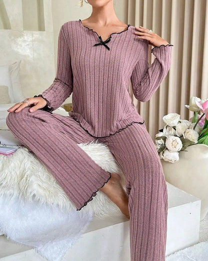 Ravelle Ribbed Ruffle Trim Pajama Set