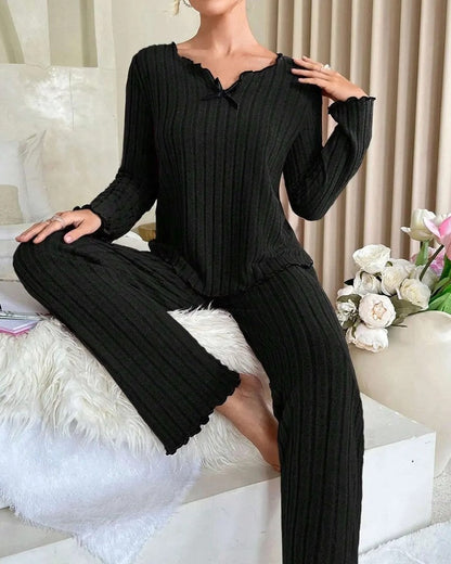 Ravelle Ribbed Ruffle Trim Pajama Set